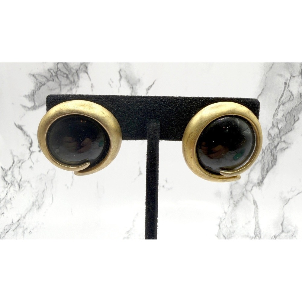 Classic Oscar de la Renta Gold Black Clip On Earrings 1" Signed